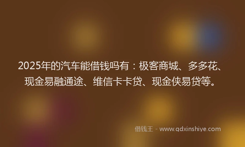 2025年的汽车能借钱吗有：极客商城、多多花、现金易融通途、维信卡卡贷、现金侠易贷等。