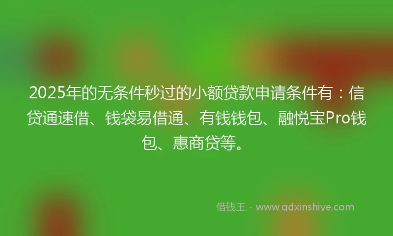 2025年的无条件秒过的小额贷款申请条件有：信贷通速借、钱袋易借通、有钱钱包、融悦宝Pro钱包、惠商贷等。