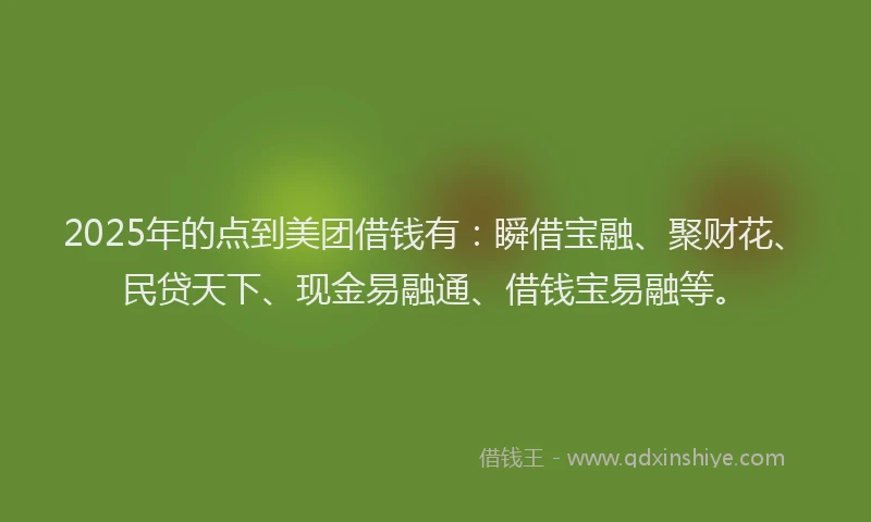2025年的点到美团借钱有：瞬借宝融、聚财花、民贷天下、现金易融通、借钱宝易融等。