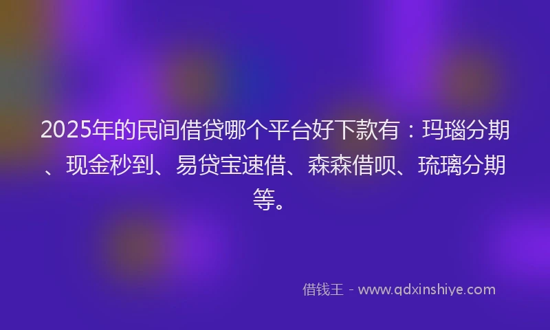 2025年的民间借贷哪个平台好下款有：玛瑙分期、现金秒到、易贷宝速借、森森借呗、琉璃分期等。