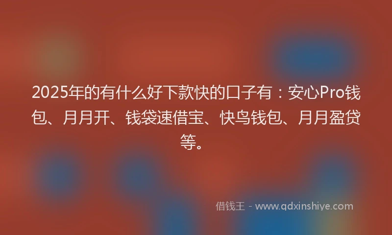 2025年的有什么好下款快的口子有：安心Pro钱包、月月开、钱袋速借宝、快鸟钱包、月月盈贷等。