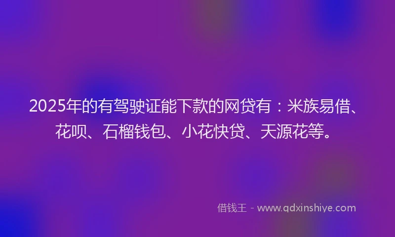 2025年的有驾驶证能下款的网贷有：米族易借、花呗、石榴钱包、小花快贷、天源花等。