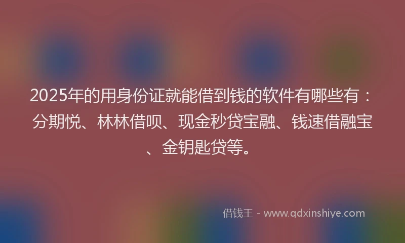 2025年的用身份证就能借到钱的软件有哪些有：分期悦、林林借呗、现金秒贷宝融、钱速借融宝、金钥匙贷等。