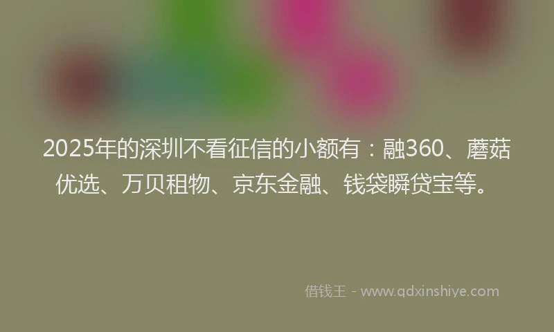 2025年的深圳不看征信的小额有：融360、蘑菇优选、万贝租物、京东金融、钱袋瞬贷宝等。