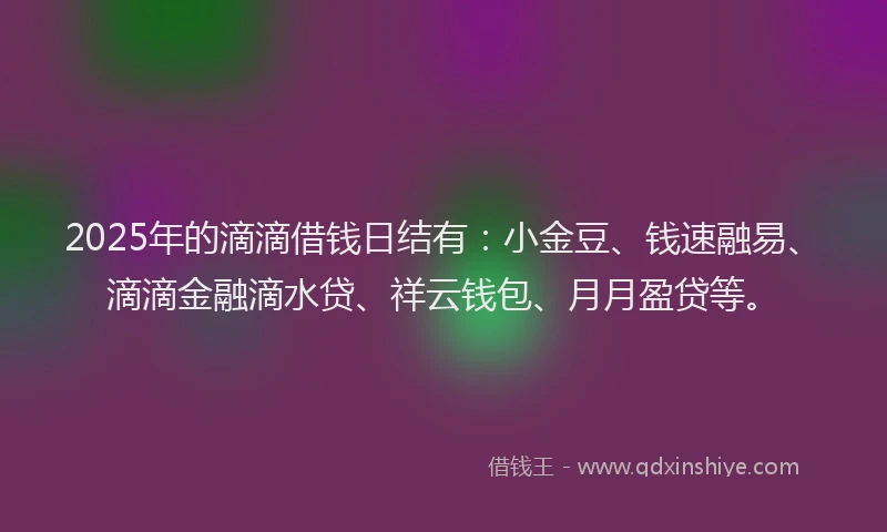 2025年的滴滴借钱日结有：小金豆、钱速融易、滴滴金融滴水贷、祥云钱包、月月盈贷等。