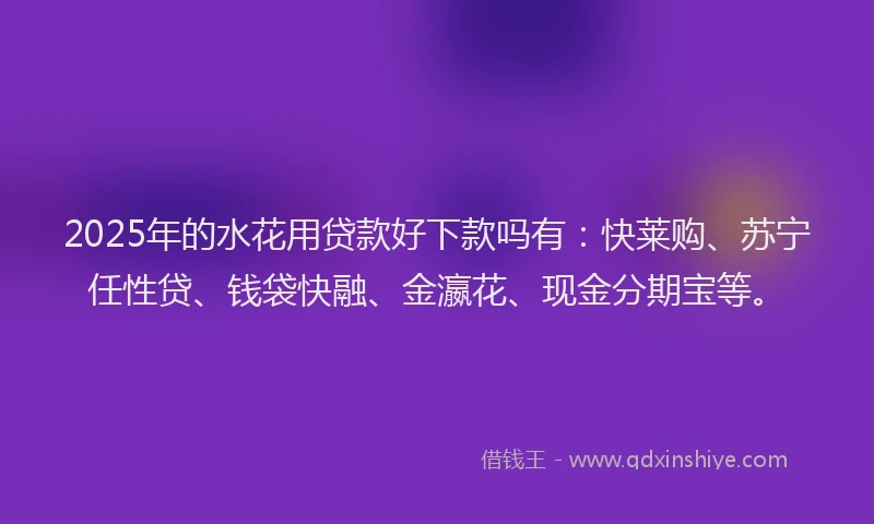 2025年的水花用贷款好下款吗有：快莱购、苏宁任性贷、钱袋快融、金瀛花、现金分期宝等。