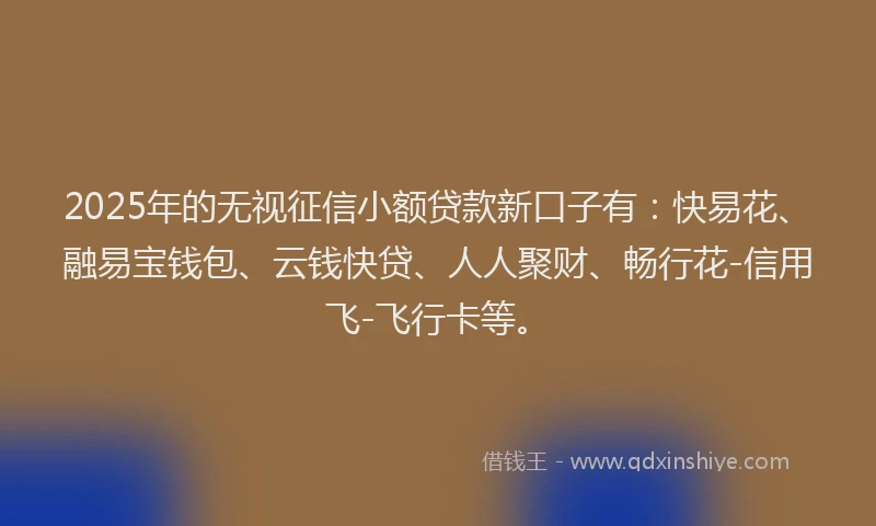 2025年的无视征信小额贷款新口子有：快易花、融易宝钱包、云钱快贷、人人聚财、畅行花-信用飞-飞行卡等。