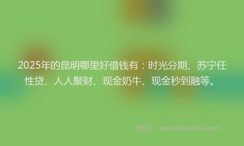 2025年的昆明哪里好借钱有：时光分期、苏宁任性贷、人人聚财、现金奶牛、现金秒到融等。