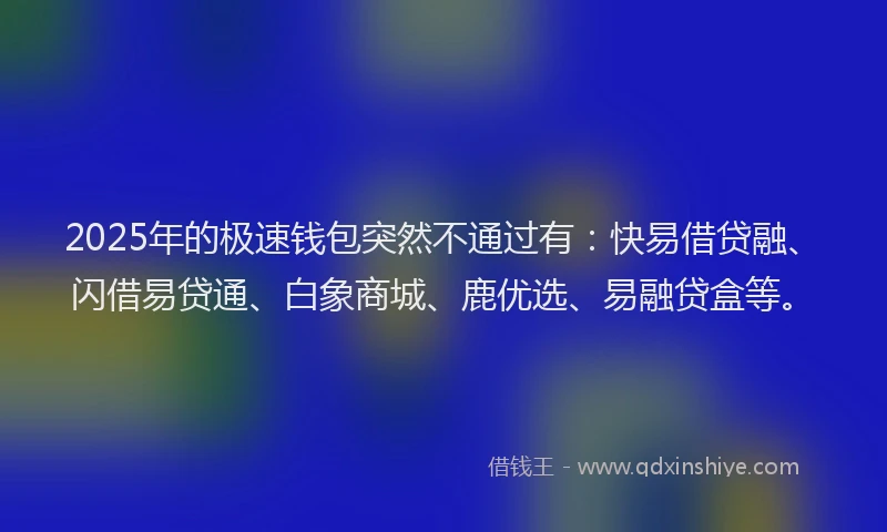 2025年的极速钱包突然不通过有：快易借贷融、闪借易贷通、白象商城、鹿优选、易融贷盒等。