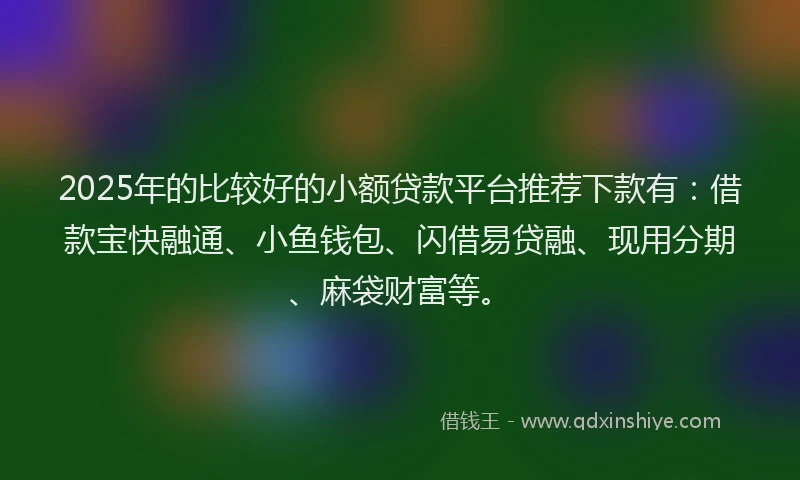 2025年的比较好的小额贷款平台推荐下款有：借款宝快融通、小鱼钱包、闪借易贷融、现用分期、麻袋财富等。
