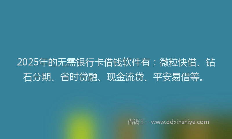 2025年的无需银行卡借钱软件有：微粒快借、钻石分期、省时贷融、现金流贷、平安易借等。