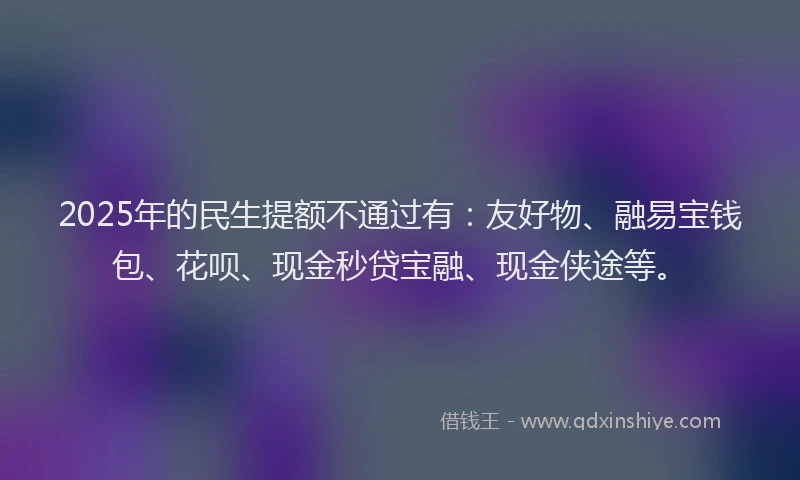 2025年的民生提额不通过有：友好物、融易宝钱包、花呗、现金秒贷宝融、现金侠途等。