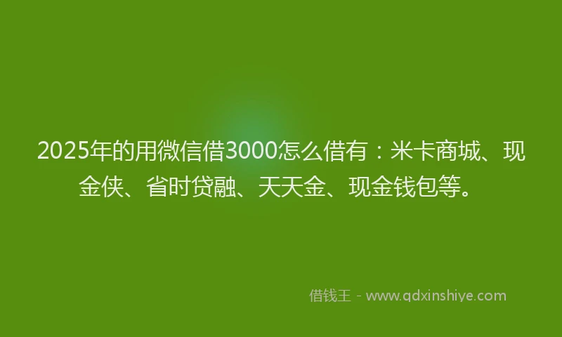 2025年的用微信借3000怎么借有：米卡商城、现金侠、省时贷融、天天金、现金钱包等。