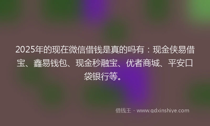 2025年的现在微信借钱是真的吗有：现金侠易借宝、鑫易钱包、现金秒融宝、优者商城、平安口袋银行等。