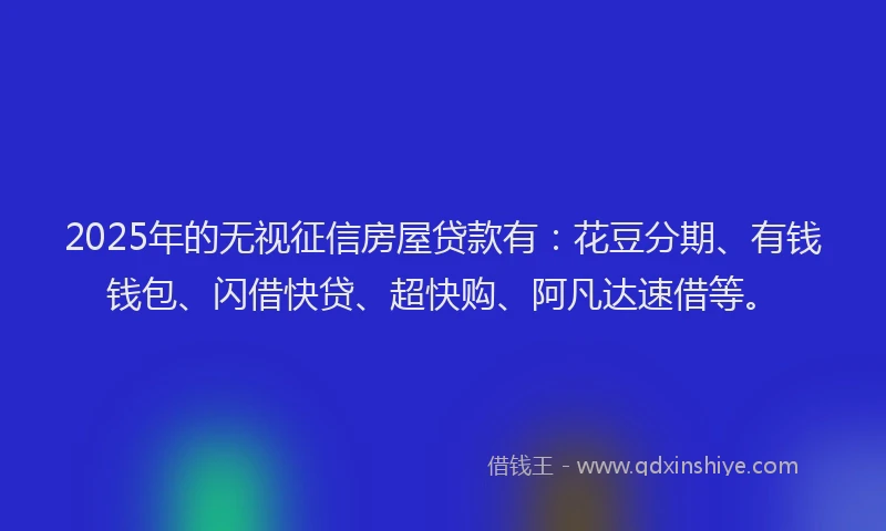 2025年的无视征信房屋贷款有：花豆分期、有钱钱包、闪借快贷、超快购、阿凡达速借等。