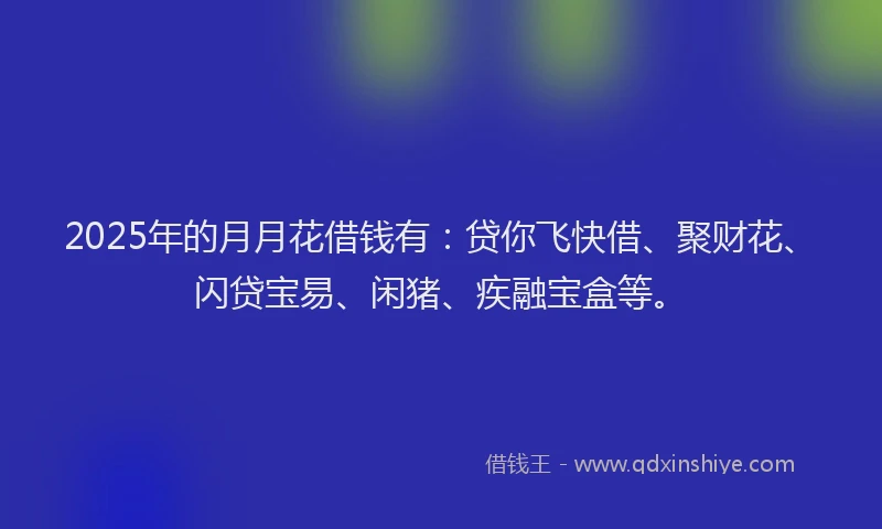 2025年的月月花借钱有：贷你飞快借、聚财花、闪贷宝易、闲猪、疾融宝盒等。