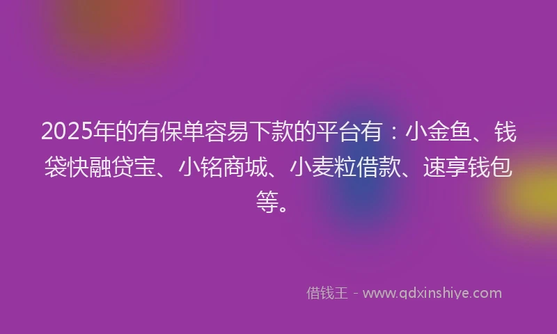 2025年的有保单容易下款的平台有：小金鱼、钱袋快融贷宝、小铭商城、小麦粒借款、速享钱包等。