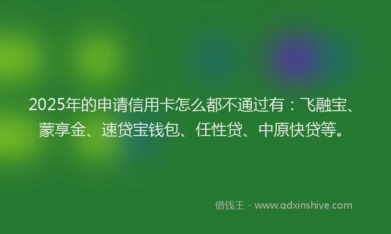 2025年的申请信用卡怎么都不通过有：飞融宝、蒙享金、速贷宝钱包、任性贷、中原快贷等。