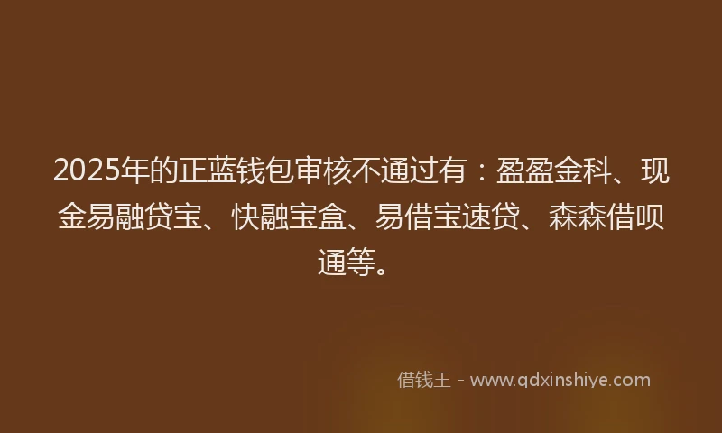 2025年的正蓝钱包审核不通过有：盈盈金科、现金易融贷宝、快融宝盒、易借宝速贷、森森借呗通等。