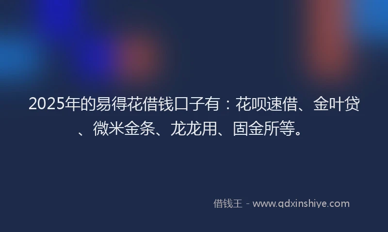 2025年的易得花借钱口子有：花呗速借、金叶贷、微米金条、龙龙用、固金所等。