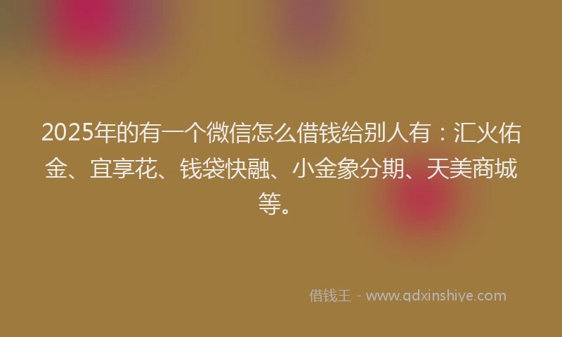 2025年的有一个微信怎么借钱给别人有：汇火佑金、宜享花、钱袋快融、小金象分期、天美商城等。