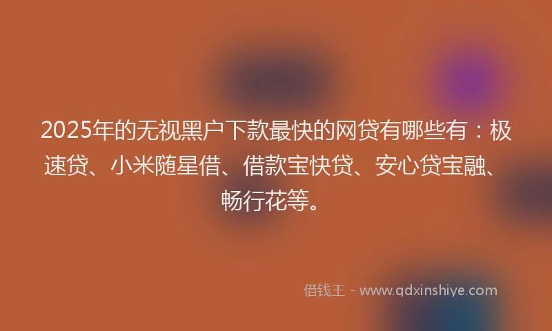 2025年的无视黑户下款最快的网贷有哪些有：极速贷、小米随星借、借款宝快贷、安心贷宝融、畅行花等。