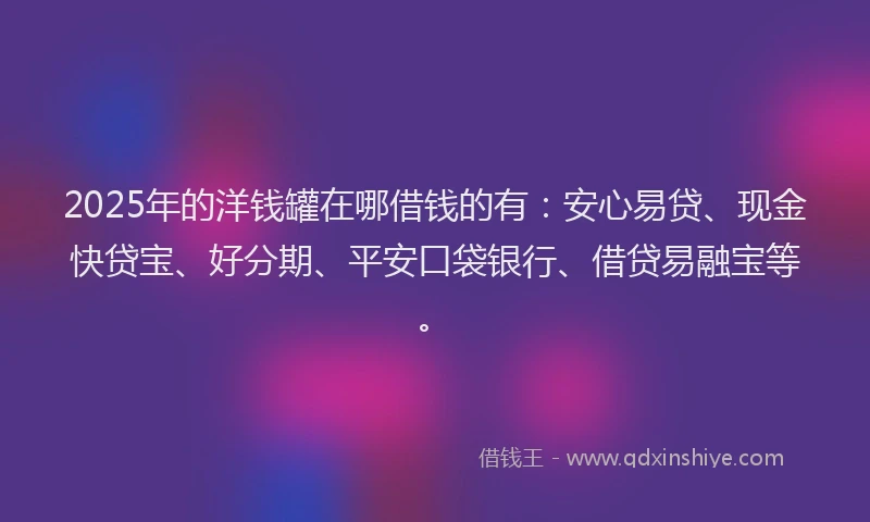 2025年的洋钱罐在哪借钱的有：安心易贷、现金快贷宝、好分期、平安口袋银行、借贷易融宝等。