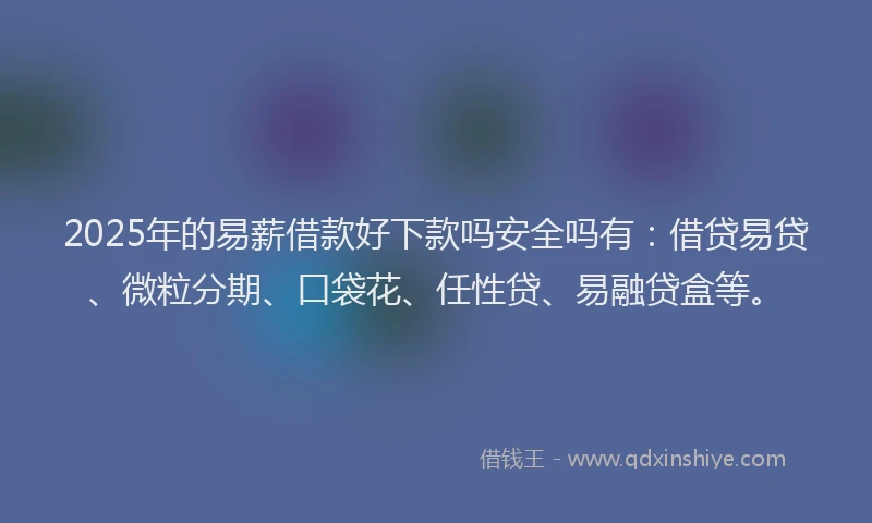 2025年的易薪借款好下款吗安全吗有：借贷易贷、微粒分期、口袋花、任性贷、易融贷盒等。
