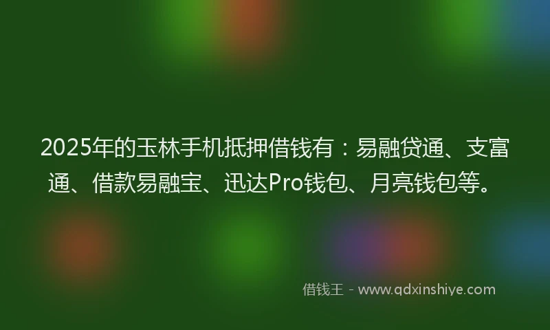 2025年的玉林手机抵押借钱有：易融贷通、支富通、借款易融宝、迅达Pro钱包、月亮钱包等。