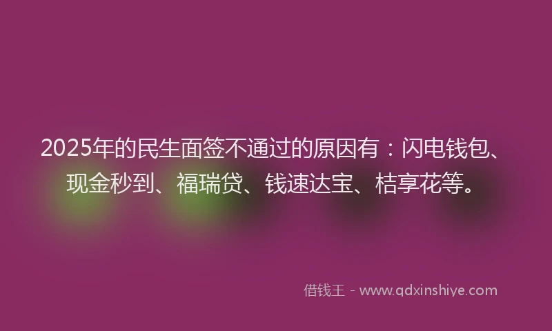 2025年的民生面签不通过的原因有：闪电钱包、现金秒到、福瑞贷、钱速达宝、桔享花等。