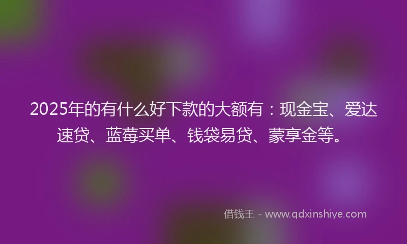 2025年的有什么好下款的大额有：现金宝、爱达速贷、蓝莓买单、钱袋易贷、蒙享金等。