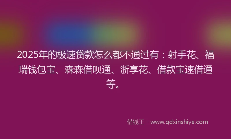 2025年的极速贷款怎么都不通过有：射手花、福瑞钱包宝、森森借呗通、浙享花、借款宝速借通等。