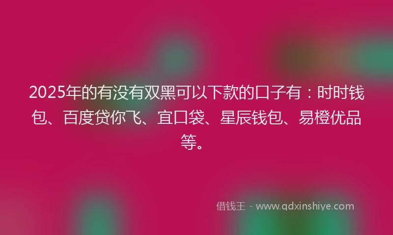 2025年的有没有双黑可以下款的口子有：时时钱包、百度贷你飞、宜口袋、星辰钱包、易橙优品等。