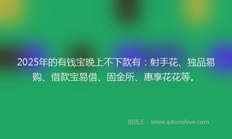 2025年的有钱宝晚上不下款有：射手花、独品易购、借款宝易借、固金所、惠享花花等。