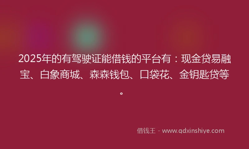 2025年的有驾驶证能借钱的平台有：现金贷易融宝、白象商城、森森钱包、口袋花、金钥匙贷等。