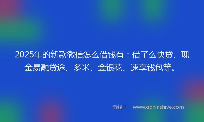 2025年的新款微信怎么借钱有：借了么快贷、现金易融贷途、多米、金银花、速享钱包等。