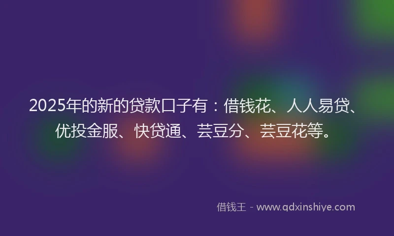2025年的新的贷款口子有：借钱花、人人易贷、优投金服、快贷通、芸豆分、芸豆花等。