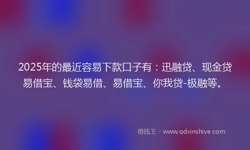 2025年的最近容易下款口子有：迅融贷、现金贷易借宝、钱袋易借、易借宝、你我贷-极融等。