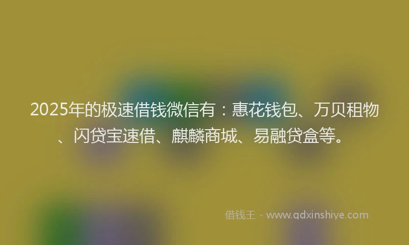 2025年的极速借钱微信有：惠花钱包、万贝租物、闪贷宝速借、麒麟商城、易融贷盒等。