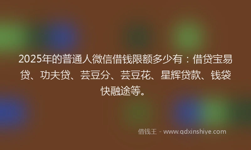 2025年的普通人微信借钱限额多少有：借贷宝易贷、功夫贷、芸豆分、芸豆花、星辉贷款、钱袋快融途等。