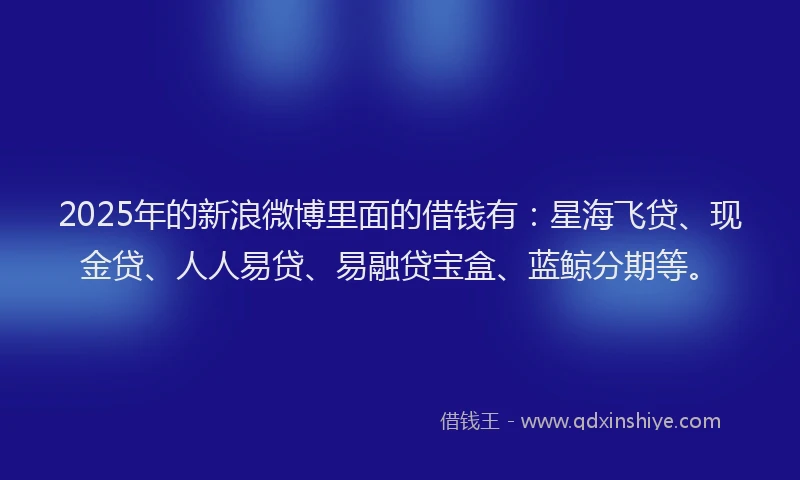 2025年的新浪微博里面的借钱有：星海飞贷、现金贷、人人易贷、易融贷宝盒、蓝鲸分期等。