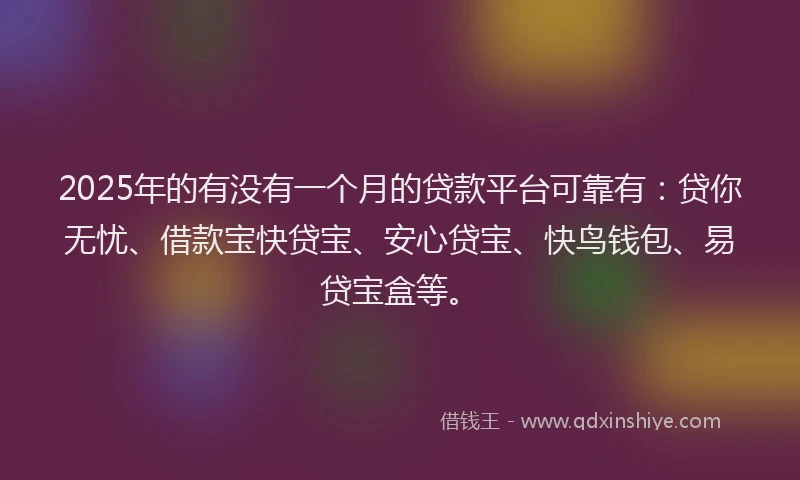 2025年的有没有一个月的贷款平台可靠有：贷你无忧、借款宝快贷宝、安心贷宝、快鸟钱包、易贷宝盒等。
