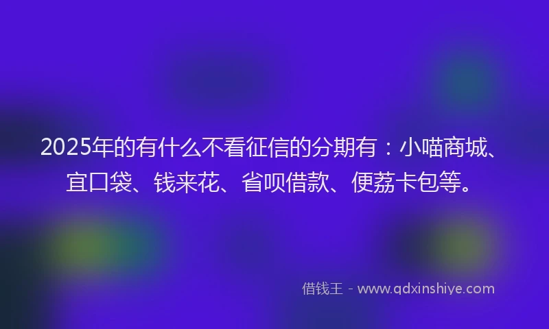 2025年的有什么不看征信的分期有：小喵商城、宜口袋、钱来花、省呗借款、便荔卡包等。