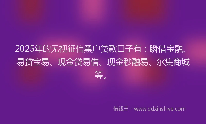 2025年的无视征信黑户贷款口子有：瞬借宝融、易贷宝易、现金贷易借、现金秒融易、尔集商城等。