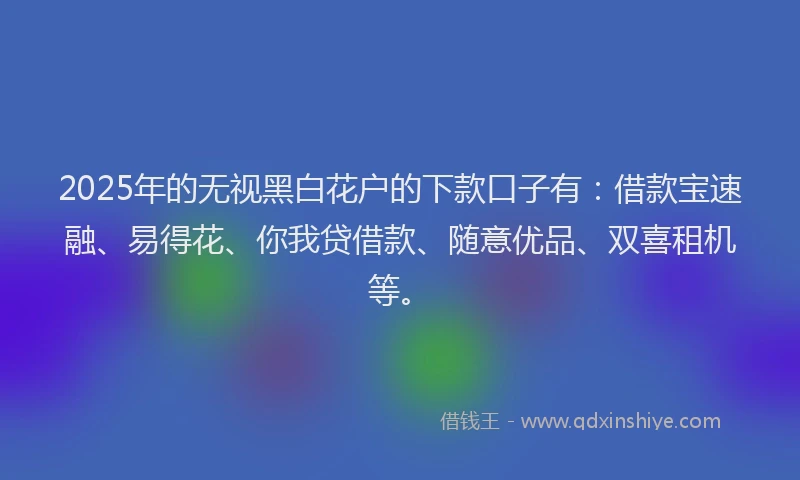 2025年的无视黑白花户的下款口子有：借款宝速融、易得花、你我贷借款、随意优品、双喜租机等。