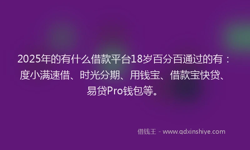 2025年的有什么借款平台18岁百分百通过的有：度小满速借、时光分期、用钱宝、借款宝快贷、易贷Pro钱包等。