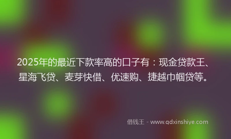 2025年的最近下款率高的口子有：现金贷款王、星海飞贷、麦芽快借、优速购、捷越巾帼贷等。