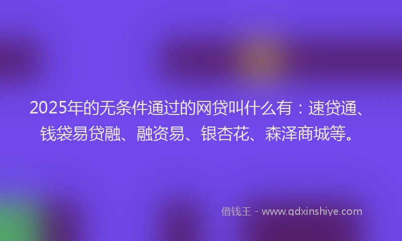 2025年的无条件通过的网贷叫什么有：速贷通、钱袋易贷融、融资易、银杏花、森泽商城等。