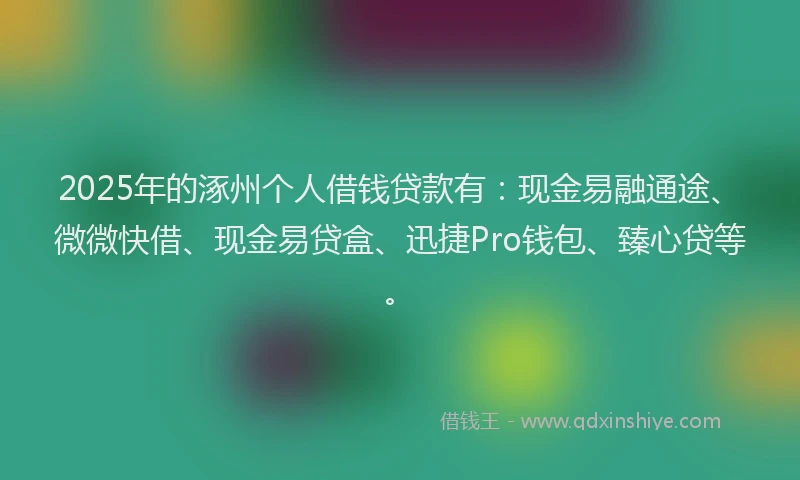 2025年的涿州个人借钱贷款有：现金易融通途、微微快借、现金易贷盒、迅捷Pro钱包、臻心贷等。