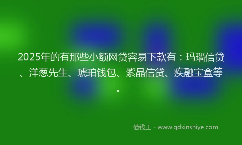 2025年的有那些小额网贷容易下款有：玛瑙信贷、洋葱先生、琥珀钱包、紫晶信贷、疾融宝盒等。